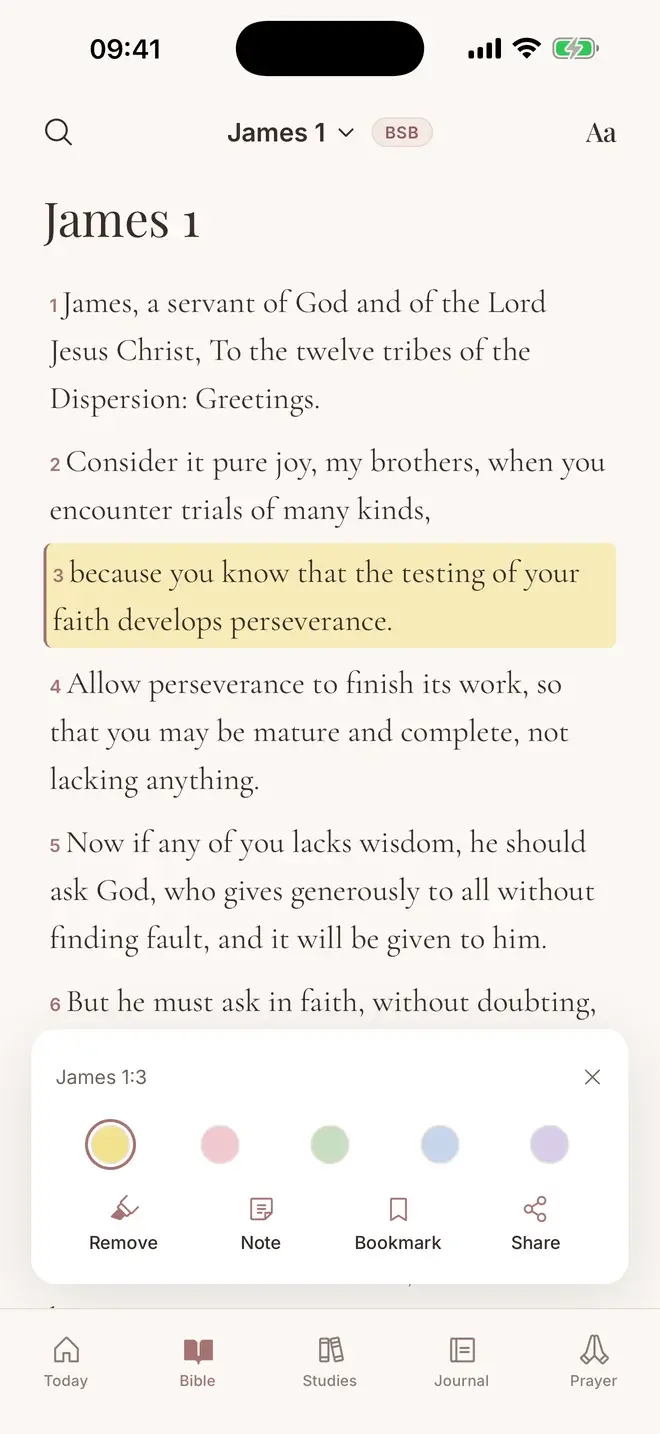 James 1 in the Bible reader with verse 3 highlighted in gold and the highlight colors open
