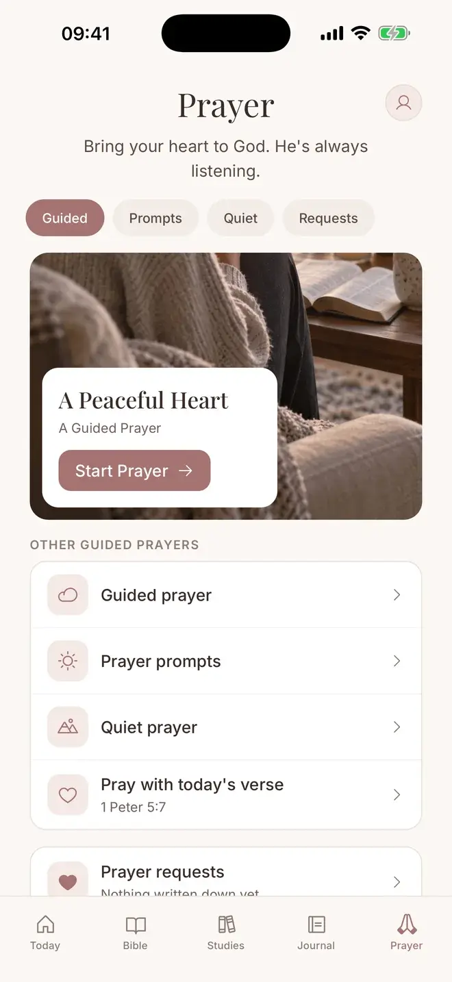 The Prayer tab with a guided prayer, prompts, quiet prayer and prayer requests