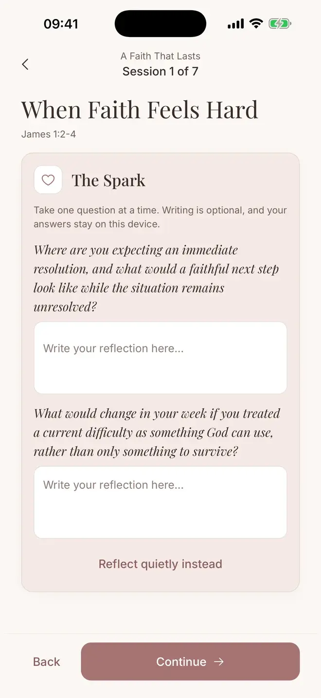 The Spark stage of a study, with reflection questions and space to write