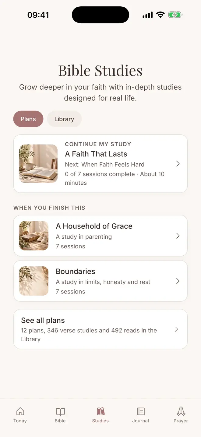 The Bible Studies tab showing the study in progress and the plans that follow