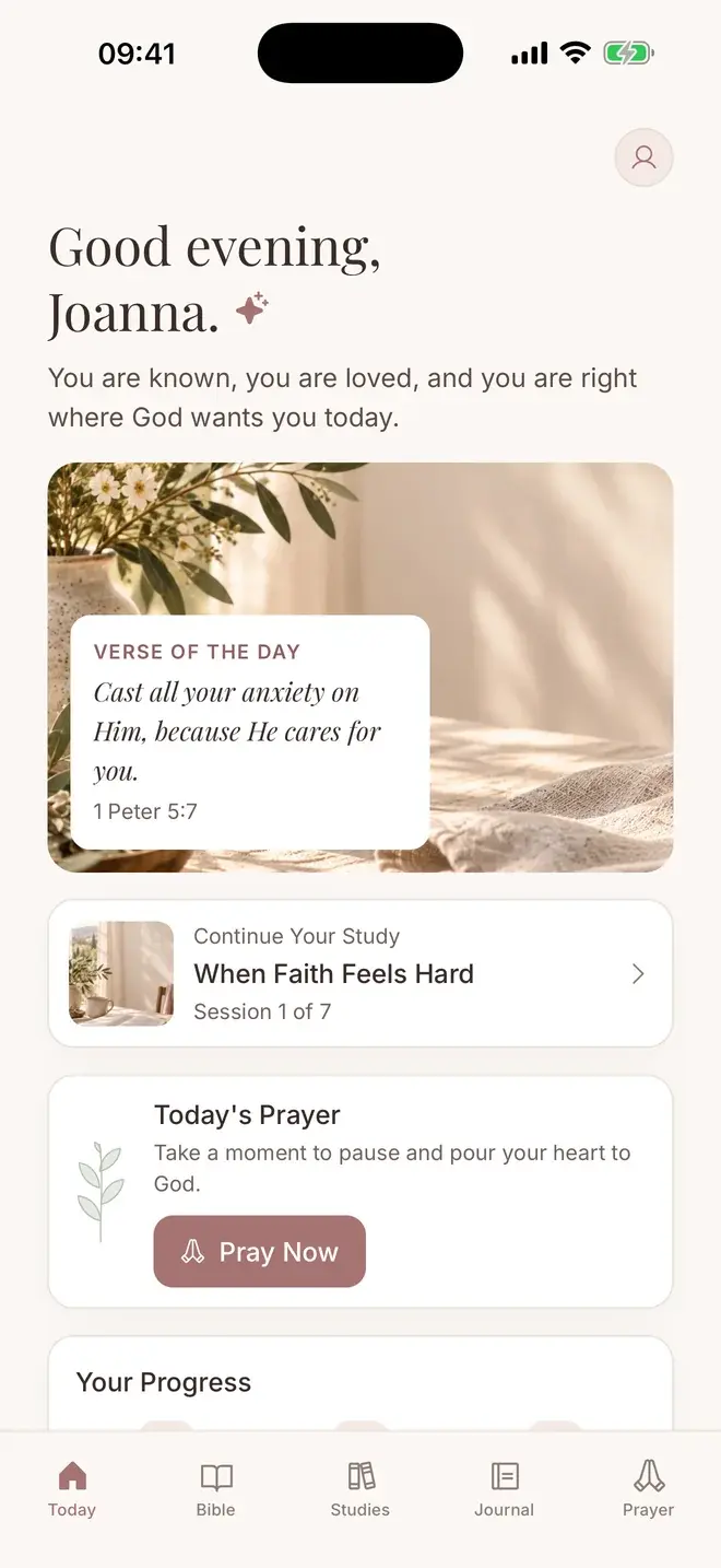 The Today screen of the Bible Studies for Women app, with the verse of the day, the study in progress and a prayer
